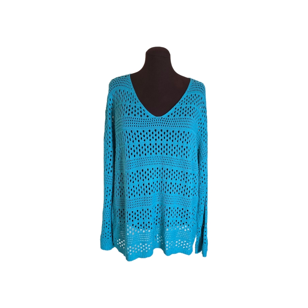 2XL Plus Size Crochet Tunic Cover-Up Turquoise Aqua Open Knit Beach Yachtcore